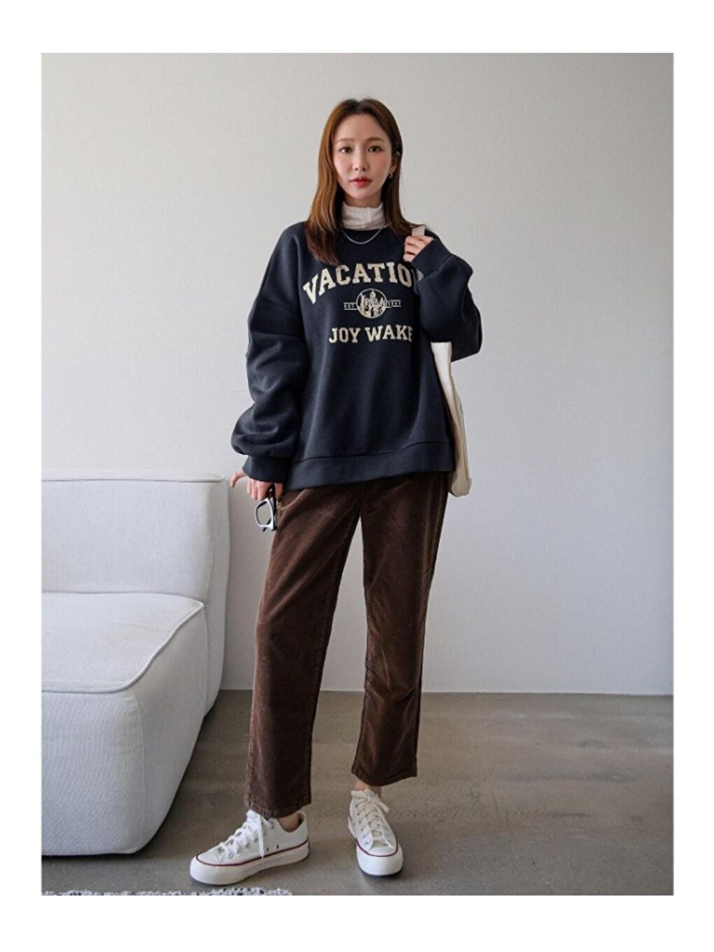 Trendseninle Lacivert Kadın Lacivert Vacation Joy Wake Baskılı Oversize Bisiklet Yaka Sweatshirt - 3