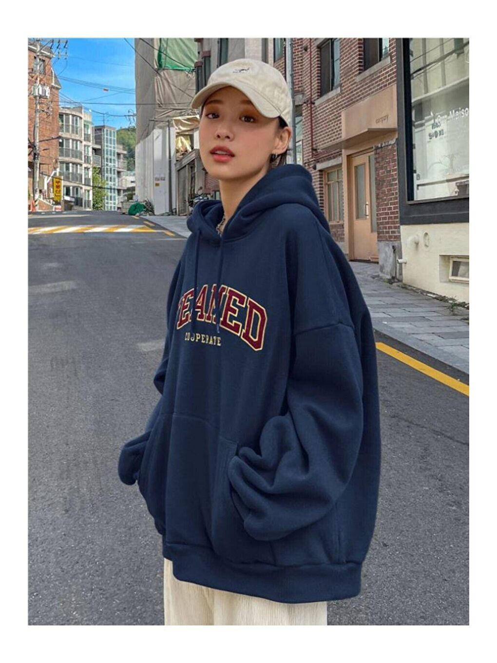 Trendseninle Lacivert Kadın LACİVERT Teamed Baskılı Kapüşonlu Sweatshirt - 3