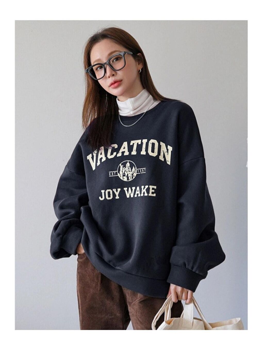 Trendseninle Lacivert Kadın Lacivert Vacation Joy Wake Baskılı Oversize Bisiklet Yaka Sweatshirt - 4