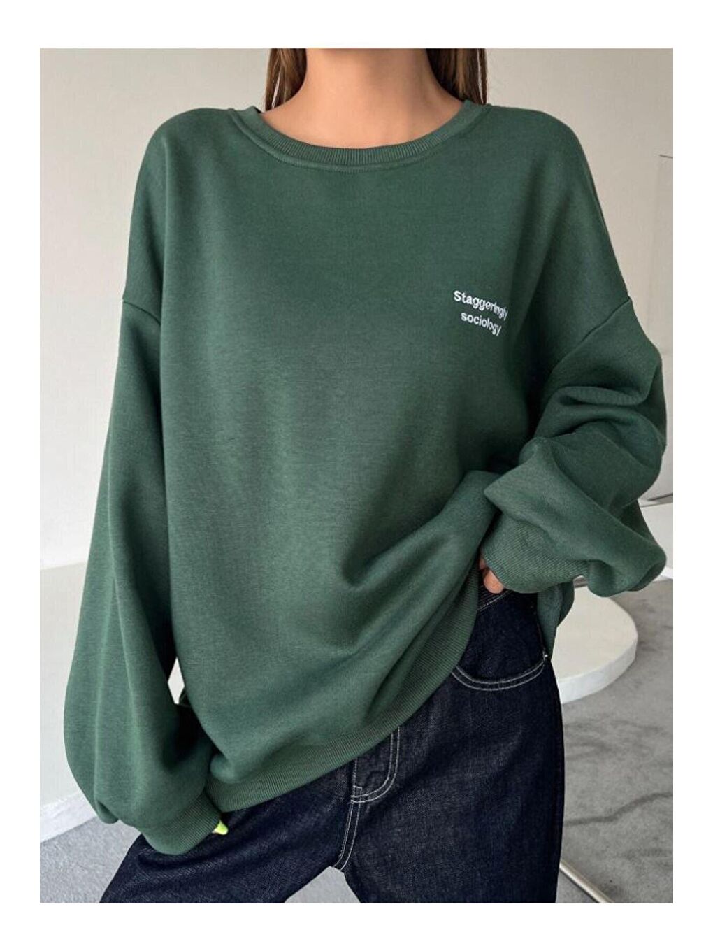 Trendseninle Yeşil Kadın YEŞİL Staggertly Baskılı Bisiklet Yaka Sweatshirt - 2