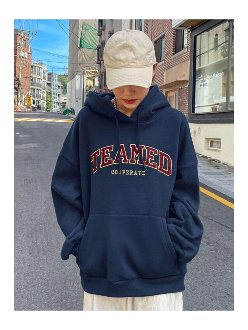 Trendseninle Lacivert Kadın LACİVERT Teamed Baskılı Kapüşonlu Sweatshirt - 4