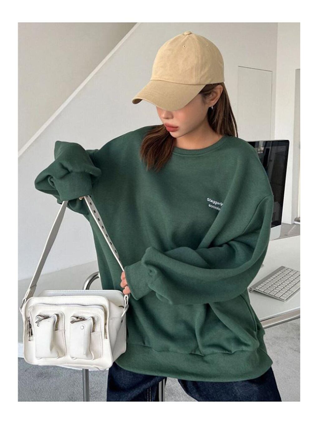 Trendseninle Yeşil Kadın YEŞİL Staggertly Baskılı Bisiklet Yaka Sweatshirt - 3