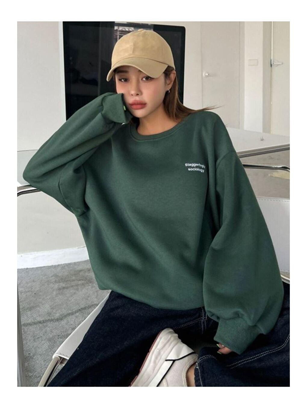 Trendseninle Yeşil Kadın YEŞİL Staggertly Baskılı Bisiklet Yaka Sweatshirt - 4