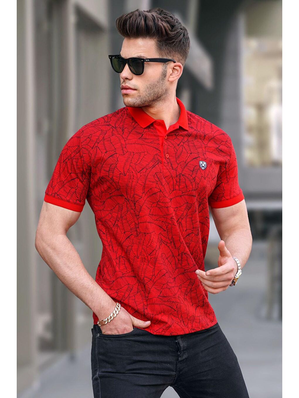 Kırmızı Desenli Polo Yaka Tişört 5876