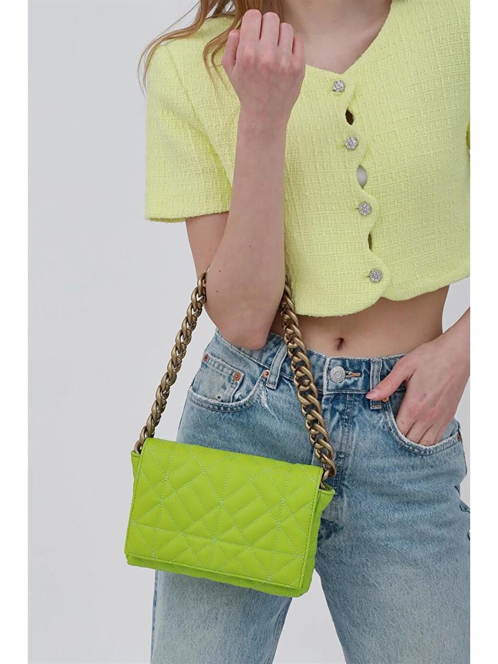 Zincirli Kapitone Omuz Çantası Açık Yeşil-1