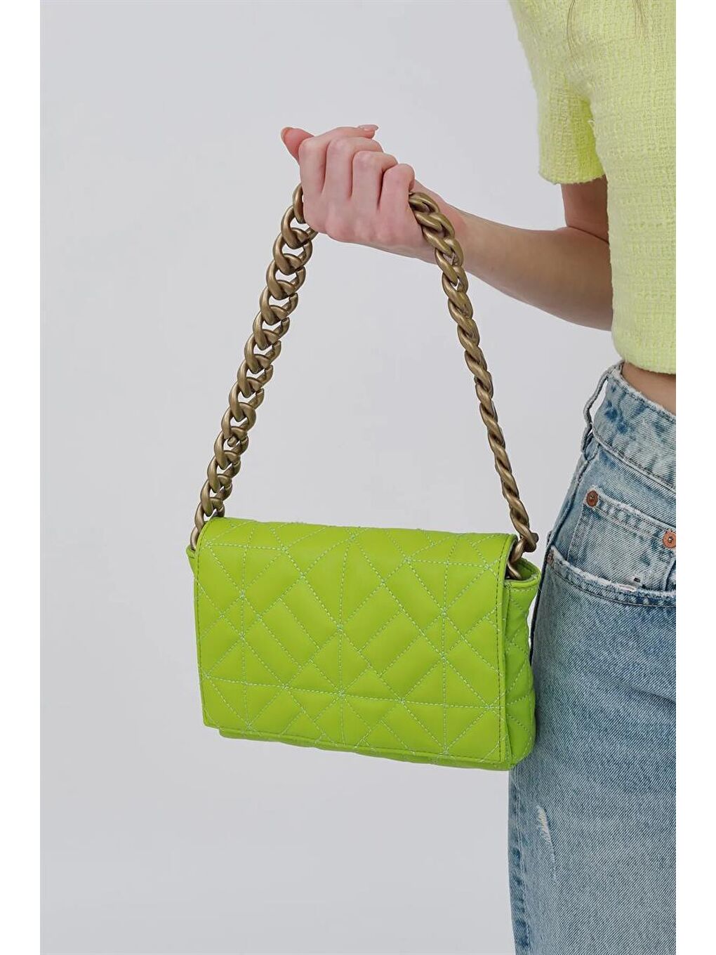 Zincirli Kapitone Omuz Çantası Açık Yeşil-2
