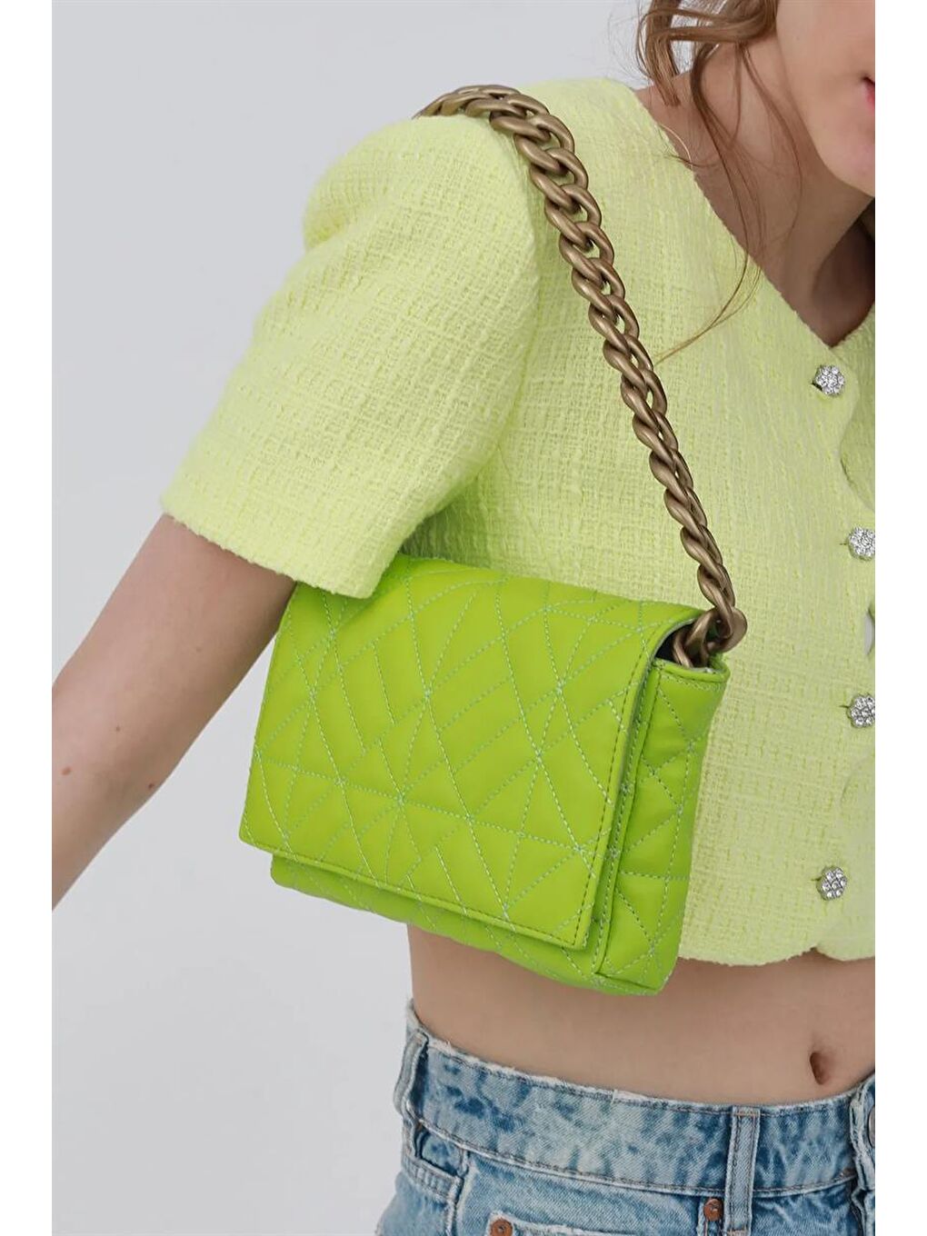 Zincirli Kapitone Omuz Çantası Açık Yeşil-3