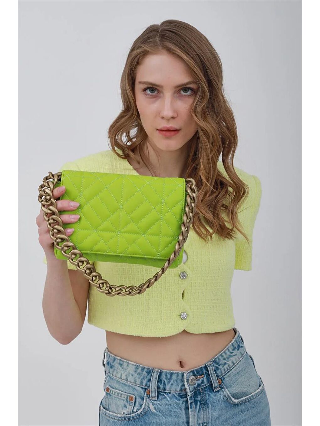 Zincirli Kapitone Omuz Çantası Açık Yeşil-4