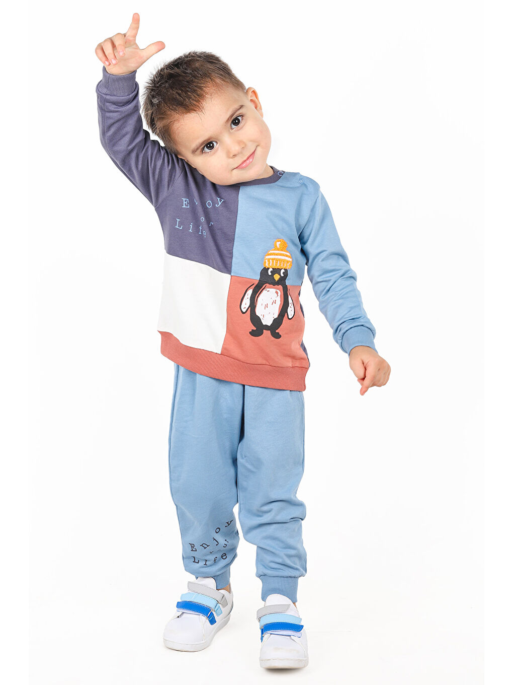 KİKO Mavi Penguen Baskılı Erkek Bebek Sweatshirt Eşofman 2'Li Takım - 6