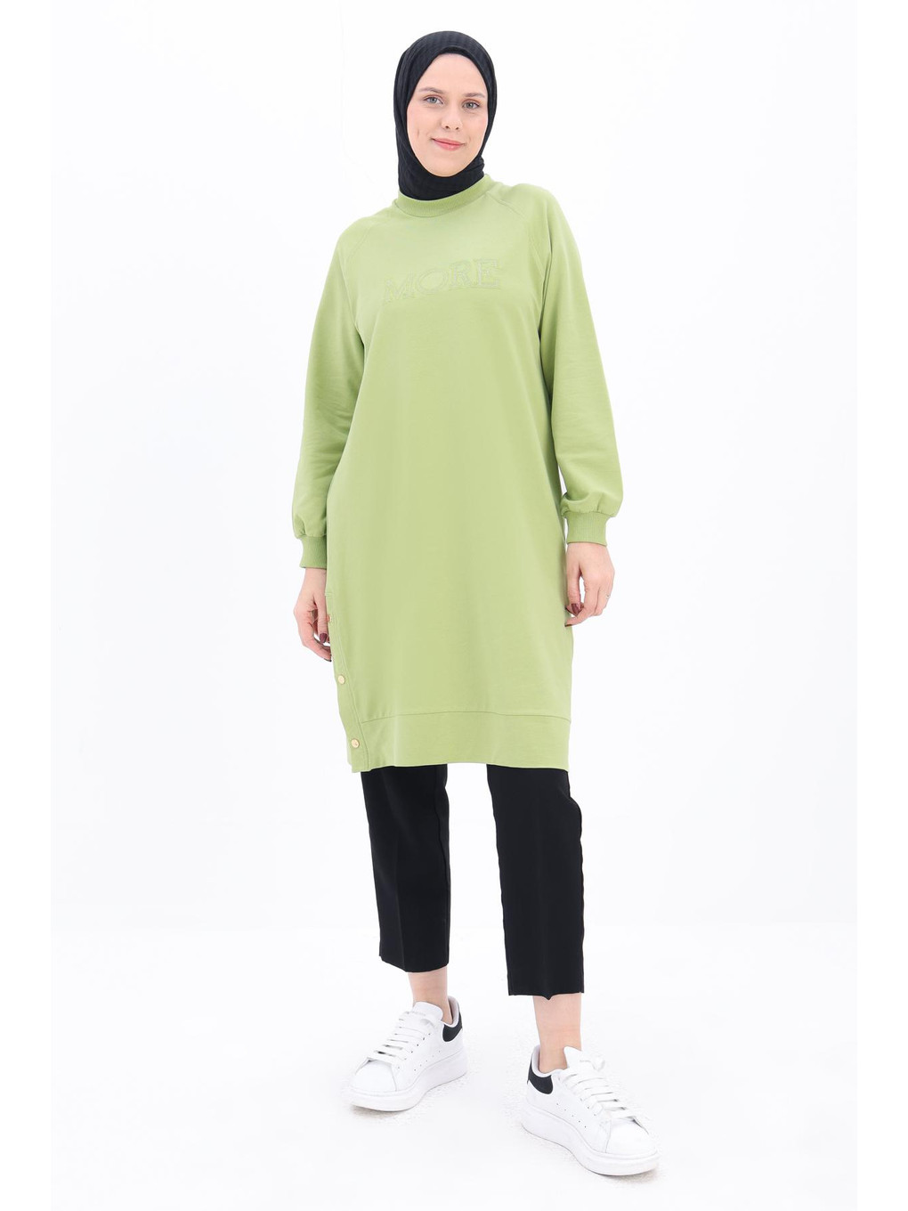 Açık Yeşil Pamuklu Nakışlı Sweat Tunik