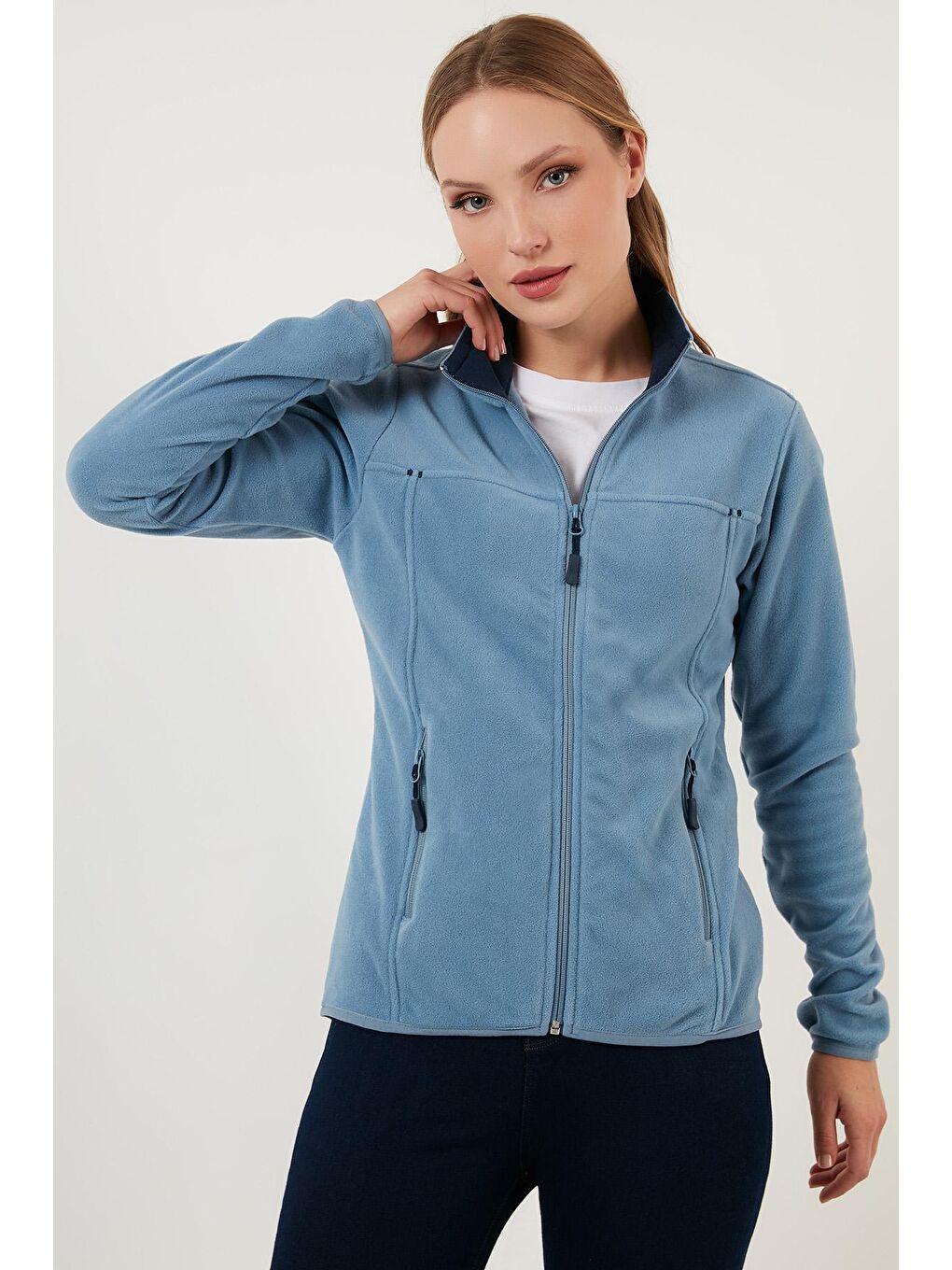 Mavi Dik Yaka Fermuarlı Cepli Polar Hırka 5907002-1