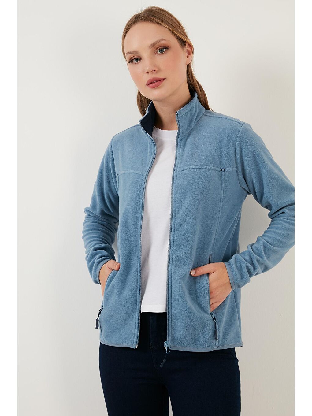 Mavi Dik Yaka Fermuarlı Cepli Polar Hırka 5907002-2
