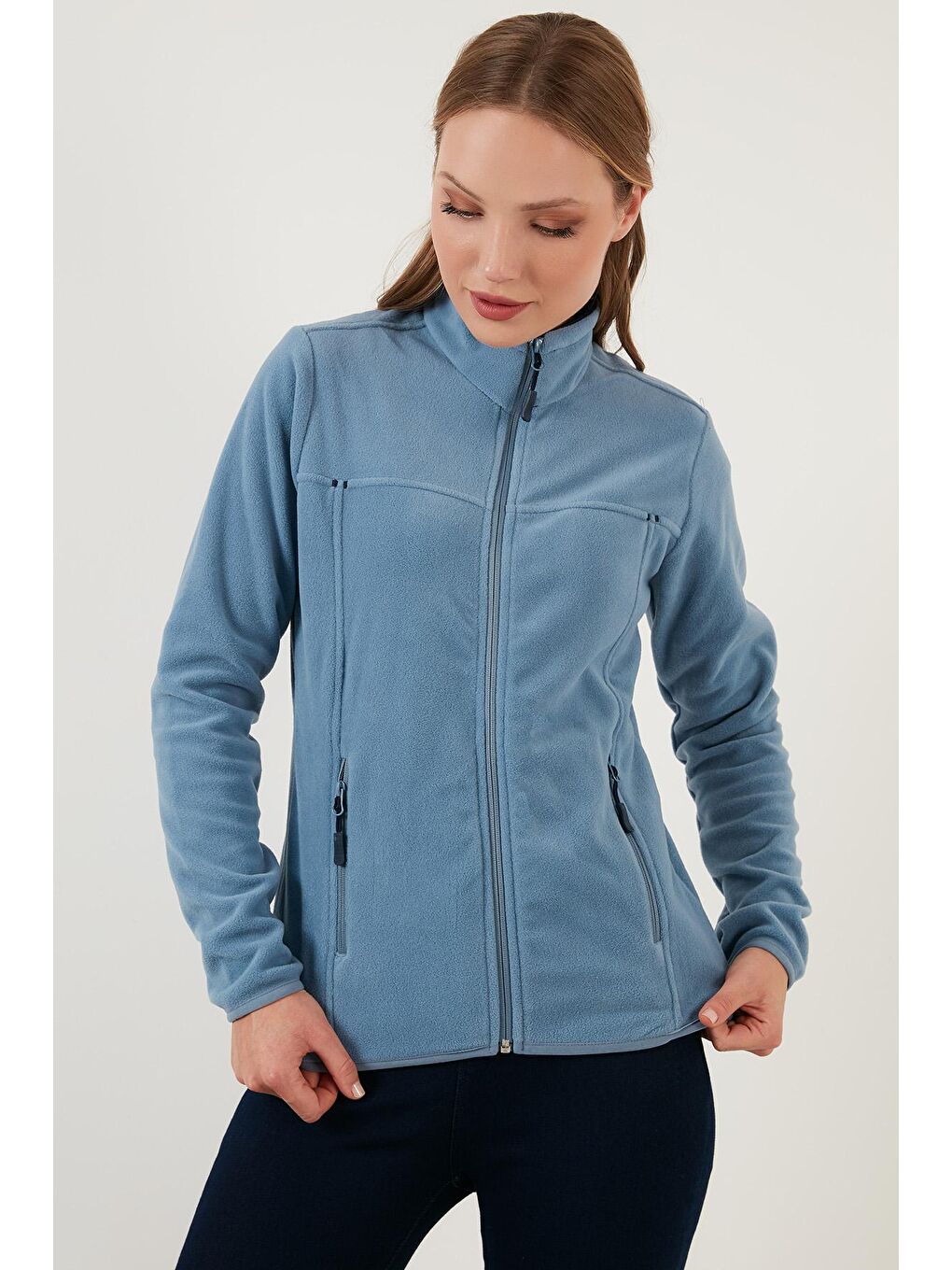 Mavi Dik Yaka Fermuarlı Cepli Polar Hırka 5907002-3