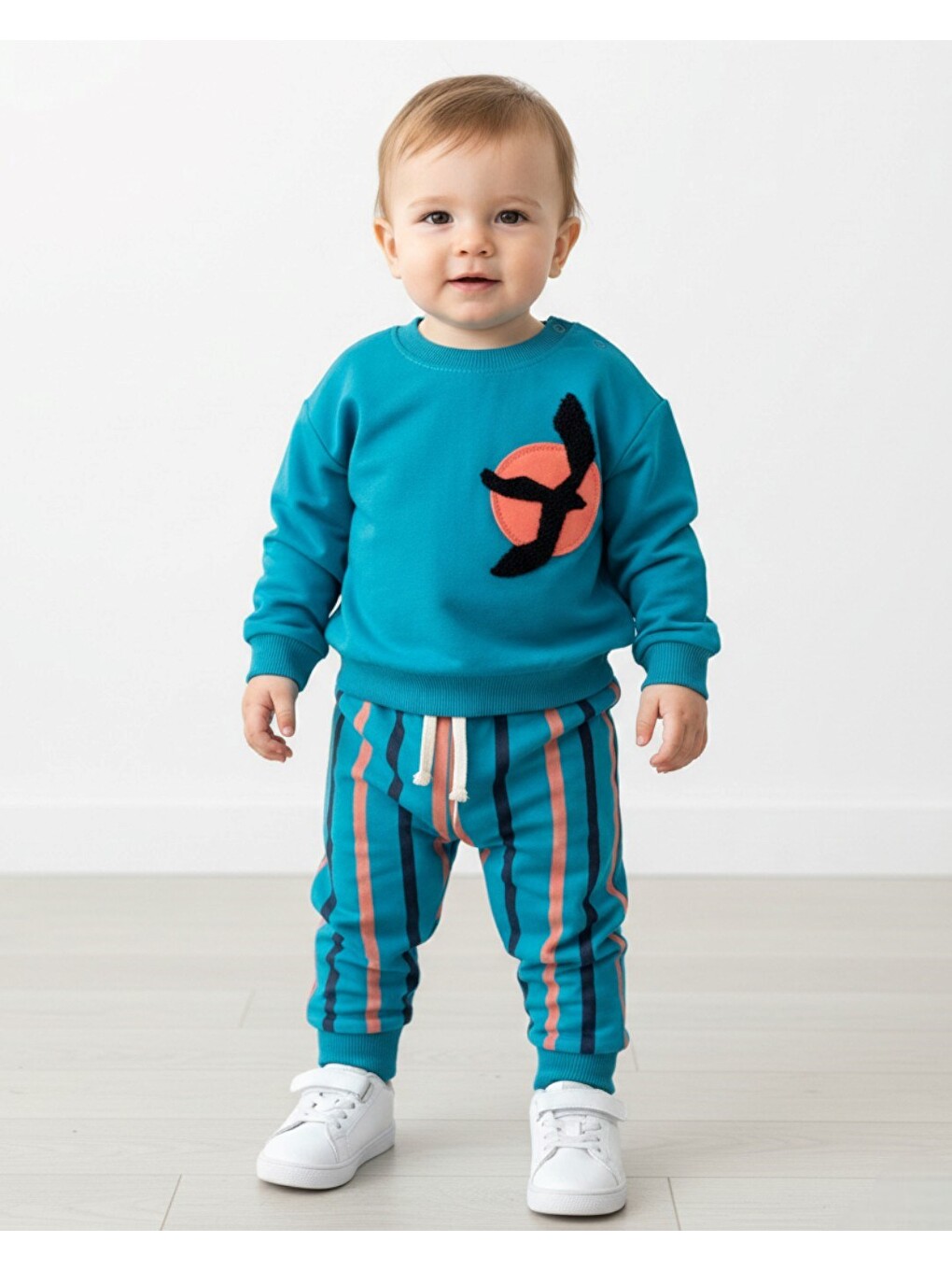 Petrol Erkek Bebek Mevsimlik Martı Nakışlı Sweatshirt, Çizgili Pantalonlu 2'li Alt Üst Takım