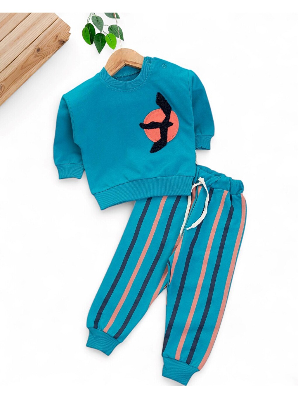 Petrol Erkek Bebek Mevsimlik Martı Nakışlı Sweatshirt, Çizgili Pantalonlu 2'li Alt Üst Takım-1