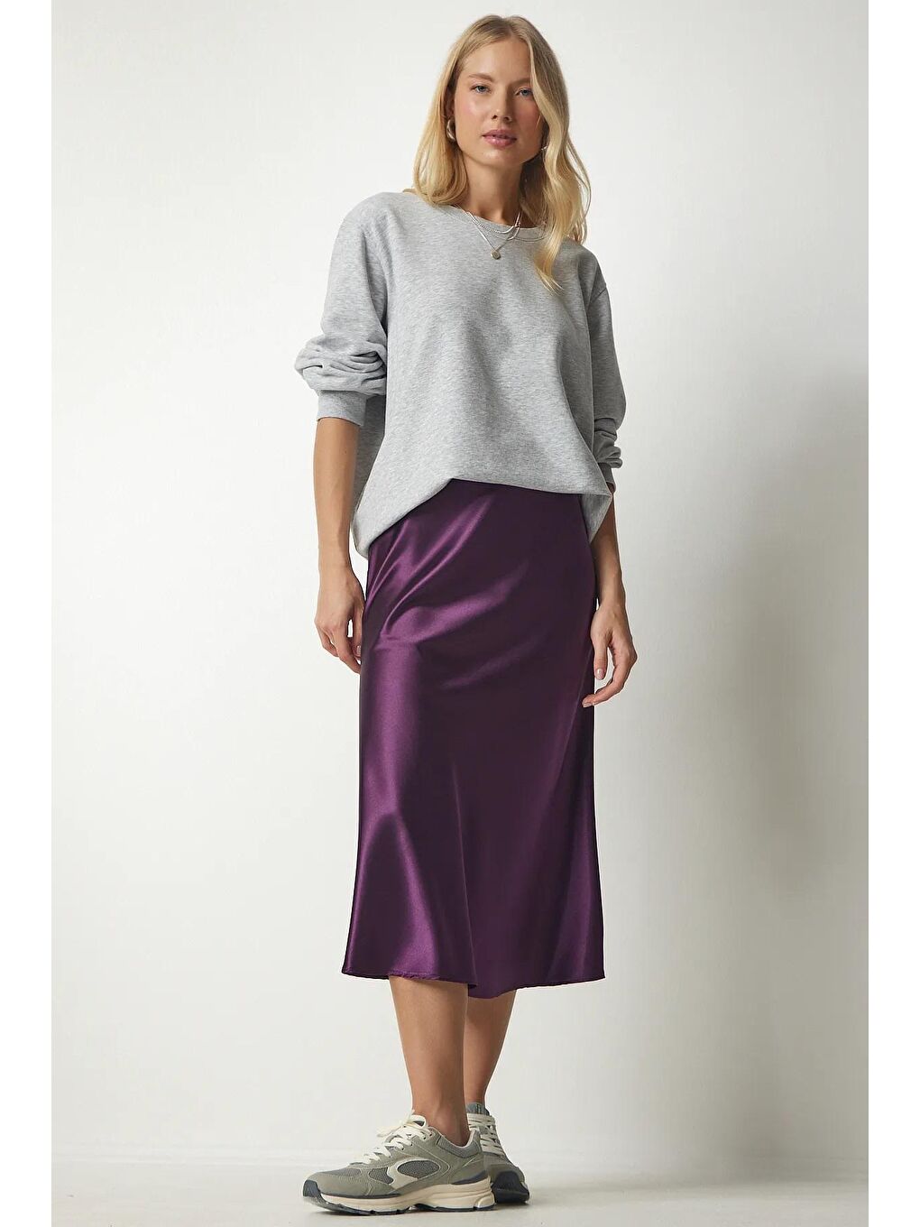 Kadın Mor Bilek Boy Saten Etek-1