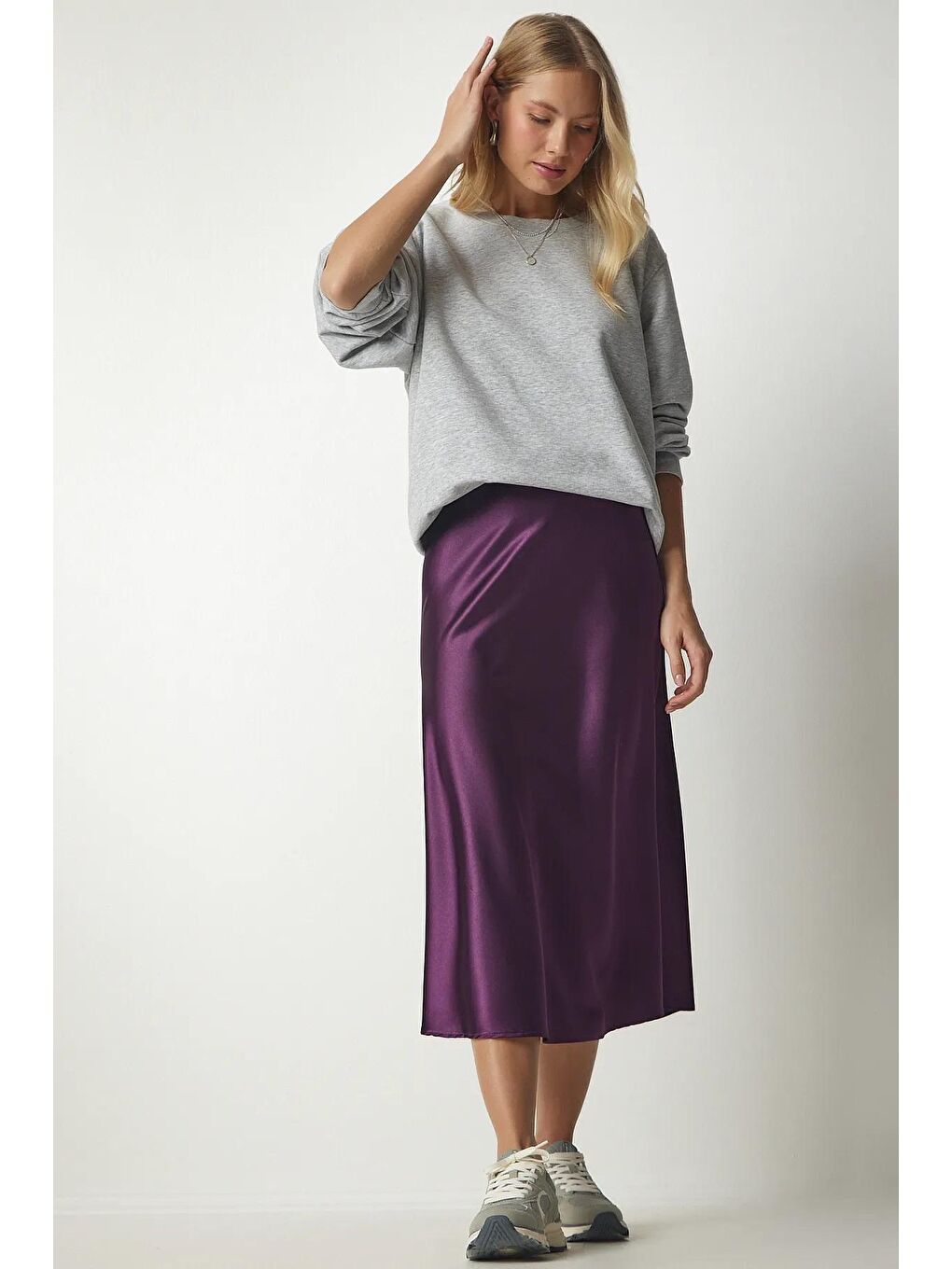Kadın Mor Bilek Boy Saten Etek-2
