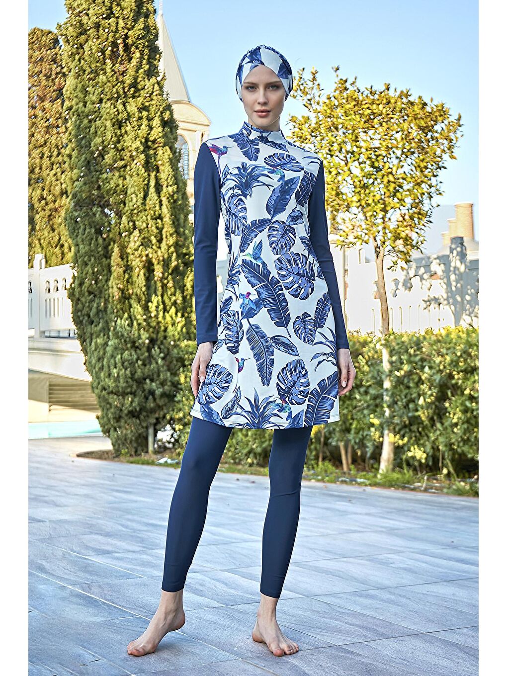 Lacivert Tasarım Elastanlı Tesettür Mayo Mavi Yapraklar R900-105-4