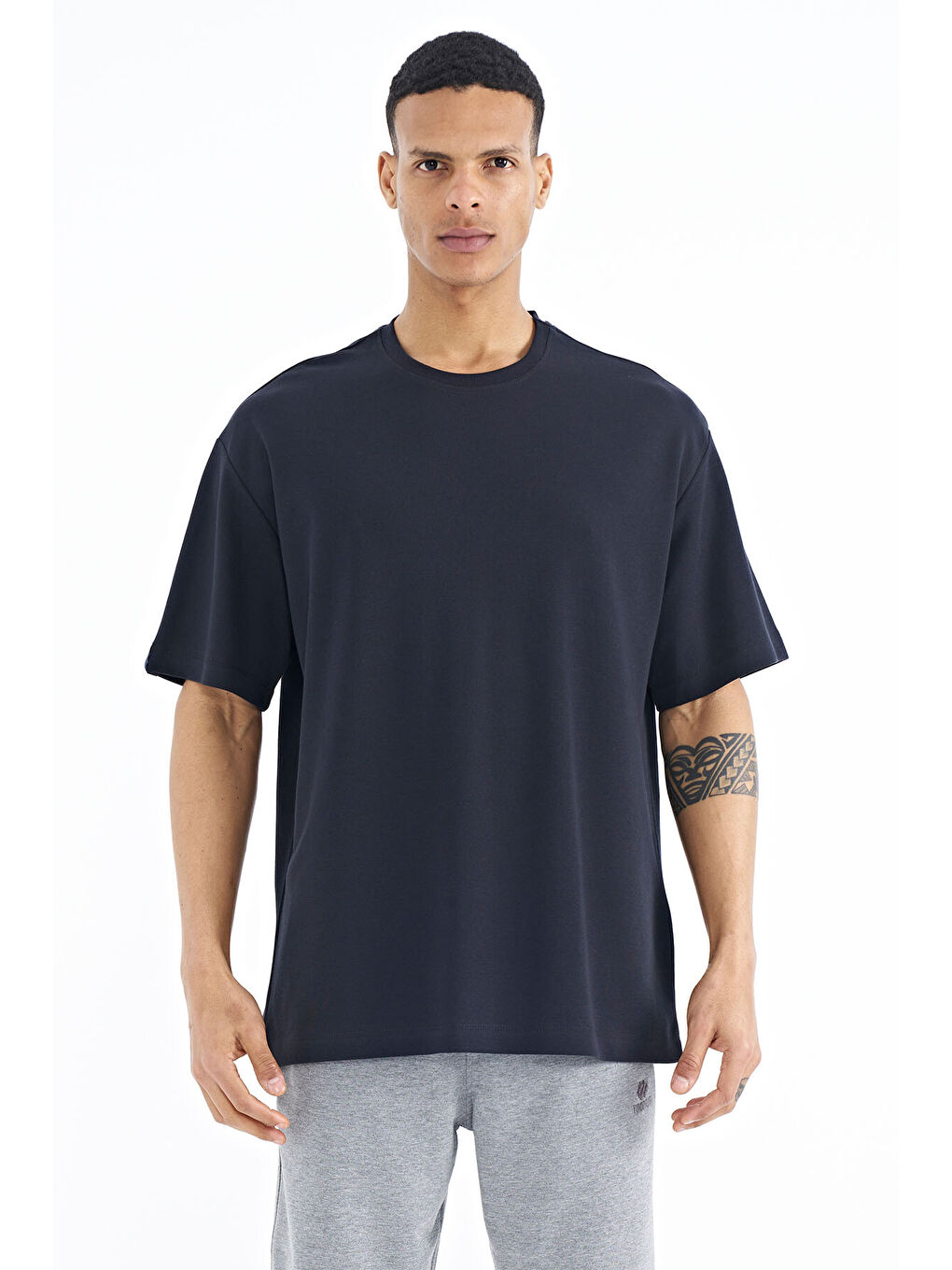 Lacivert Kol Arma Detaylı Basic Oversize Erkek Tişört - 88193