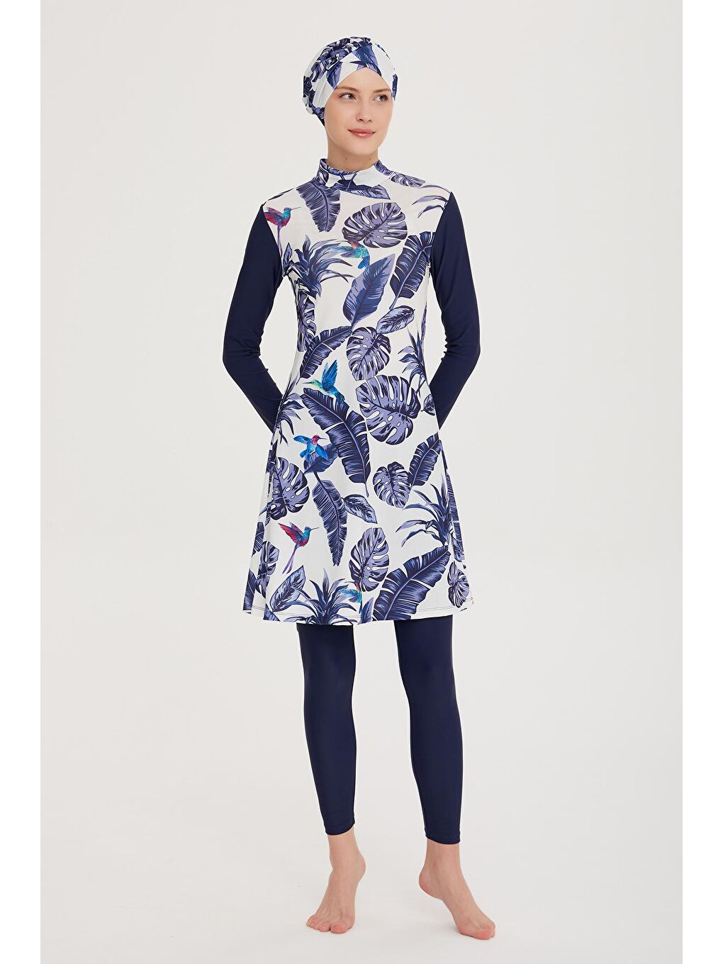 Lacivert Tasarım Elastanlı Tesettür Mayo Mavi Yapraklar R900-105-5