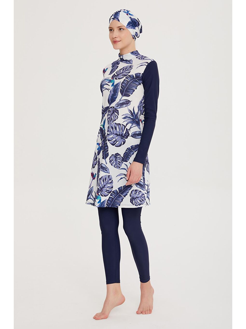 Lacivert Tasarım Elastanlı Tesettür Mayo Mavi Yapraklar R900-105-7