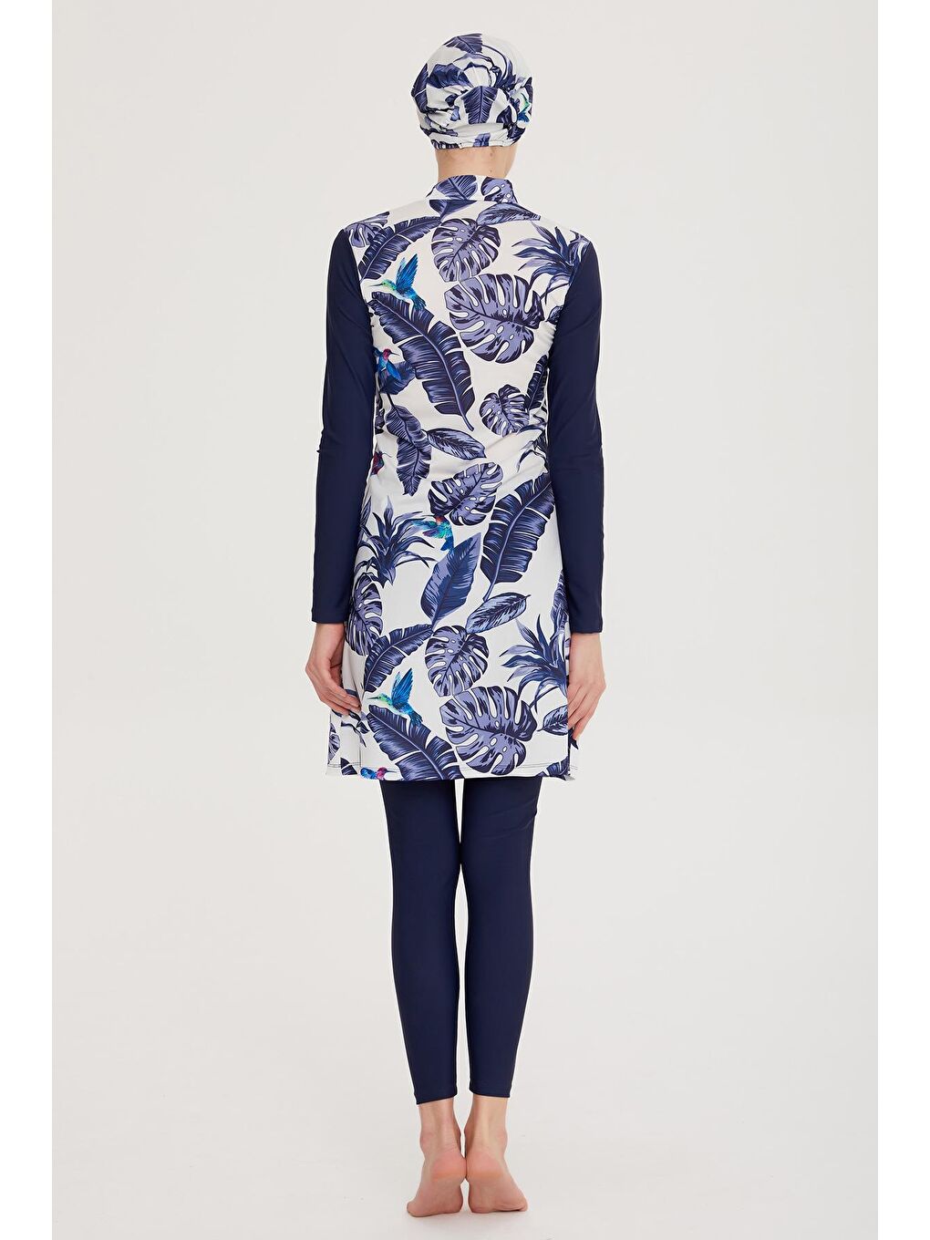 Lacivert Tasarım Elastanlı Tesettür Mayo Mavi Yapraklar R900-105-8