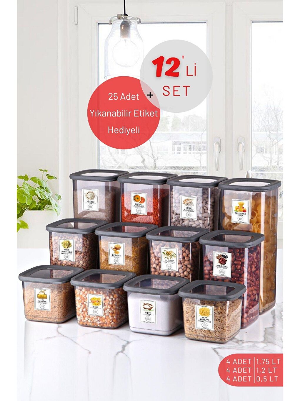 Nandy Home Antrasit 12'Li Set Etiketli, Kırılmaz Kare Erzak Saklama Kabı ANTRASİT x4 1,75 Lt/1,2 Lt/0,5 Lt