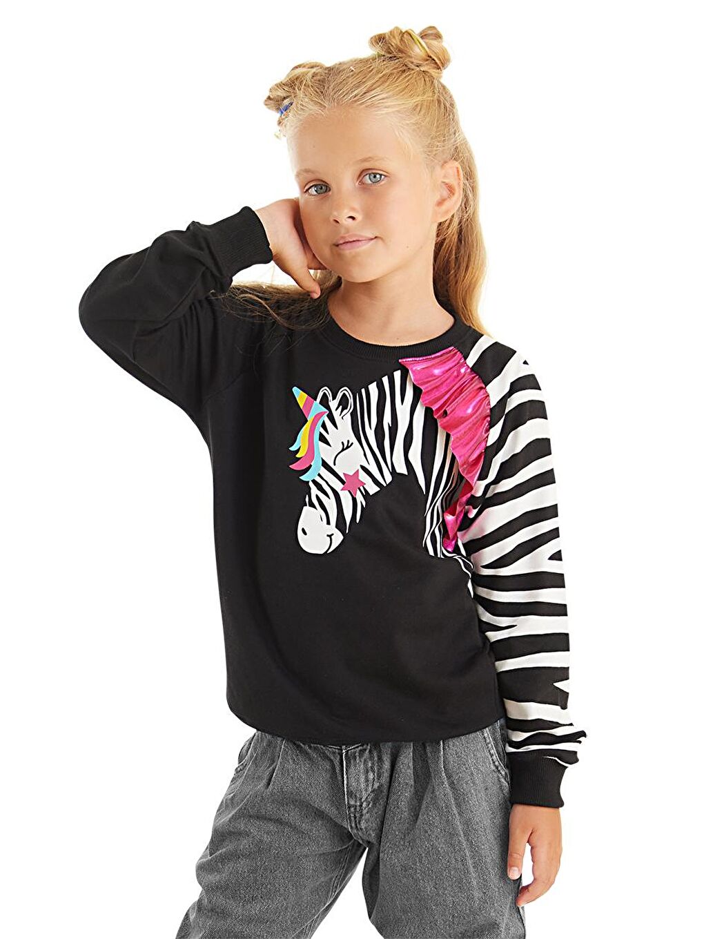 Denokids Siyah Fırfırlı Zebra Kız Çocuk Siyah Sweatshirt