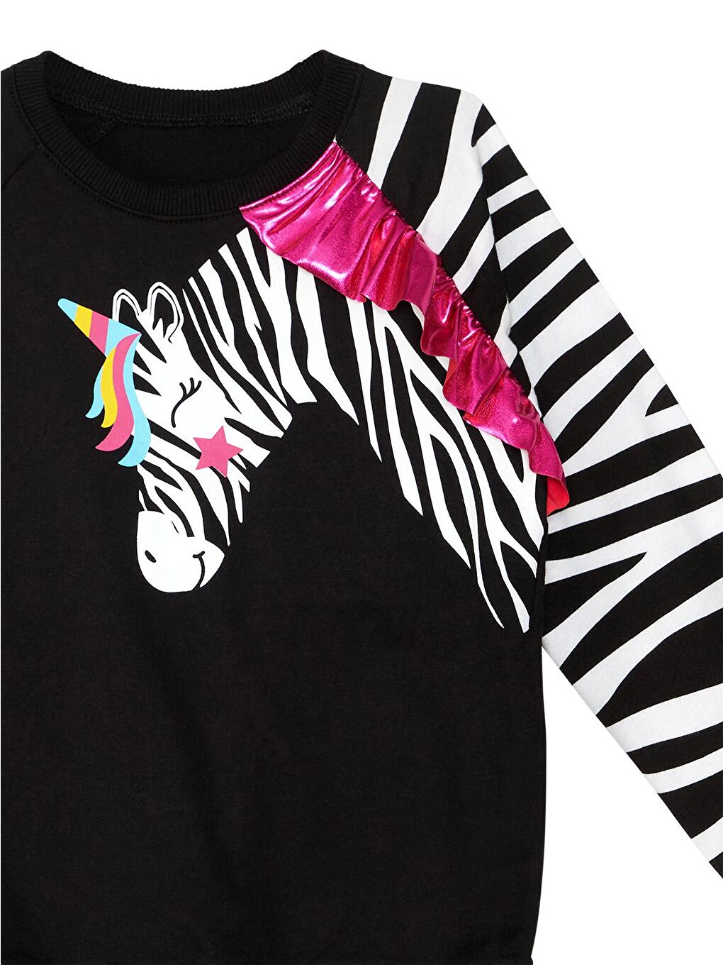 Denokids Siyah Fırfırlı Zebra Kız Çocuk Siyah Sweatshirt - 4