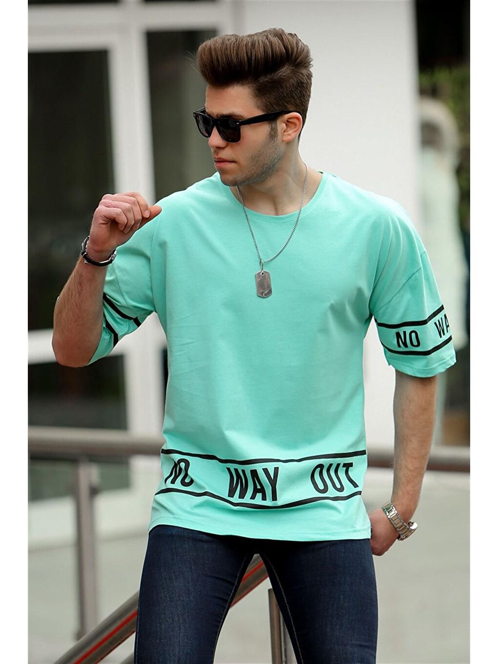 Baskılı Turkuaz Erkek %100 Pamuk Tişört 4483