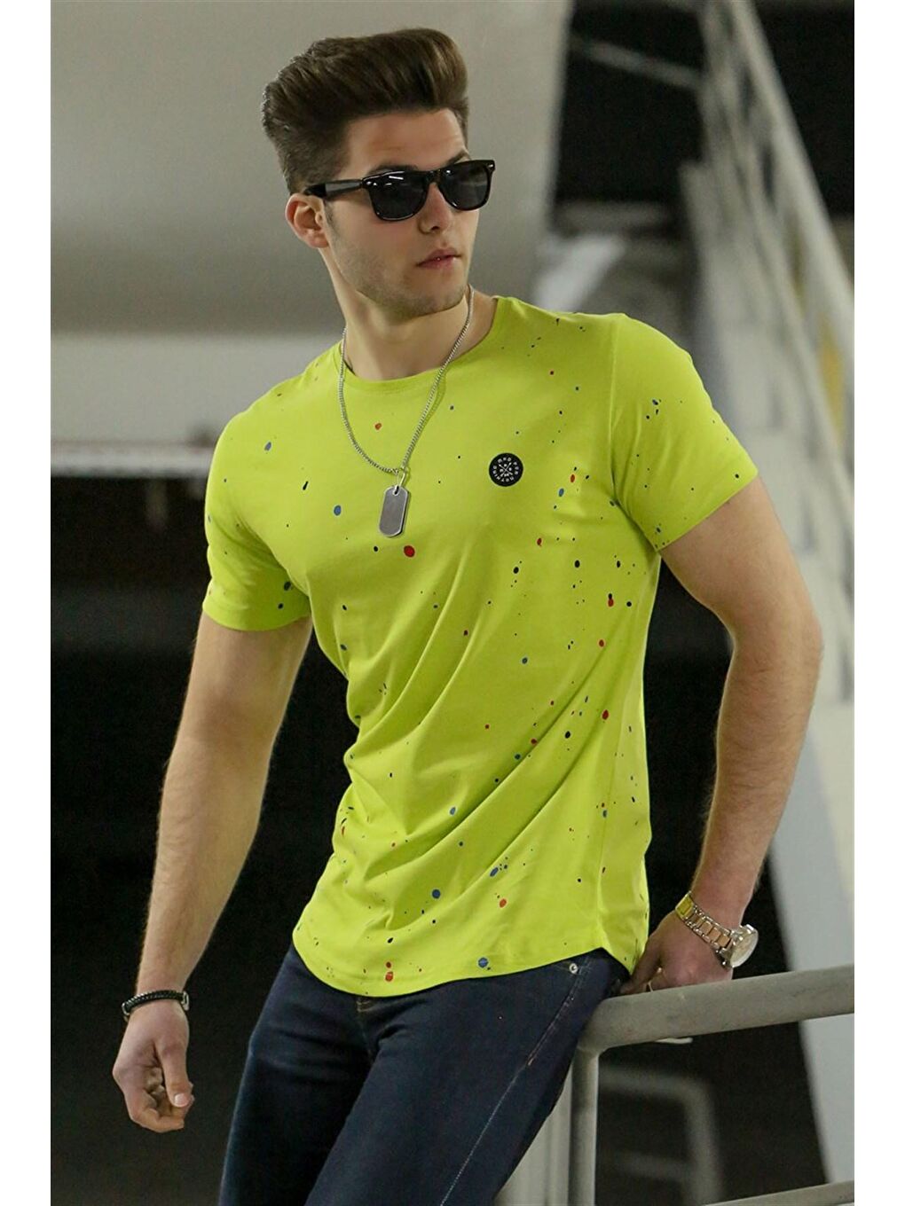 Püskürtme Desen Yeşil Erkek Tişört 4505