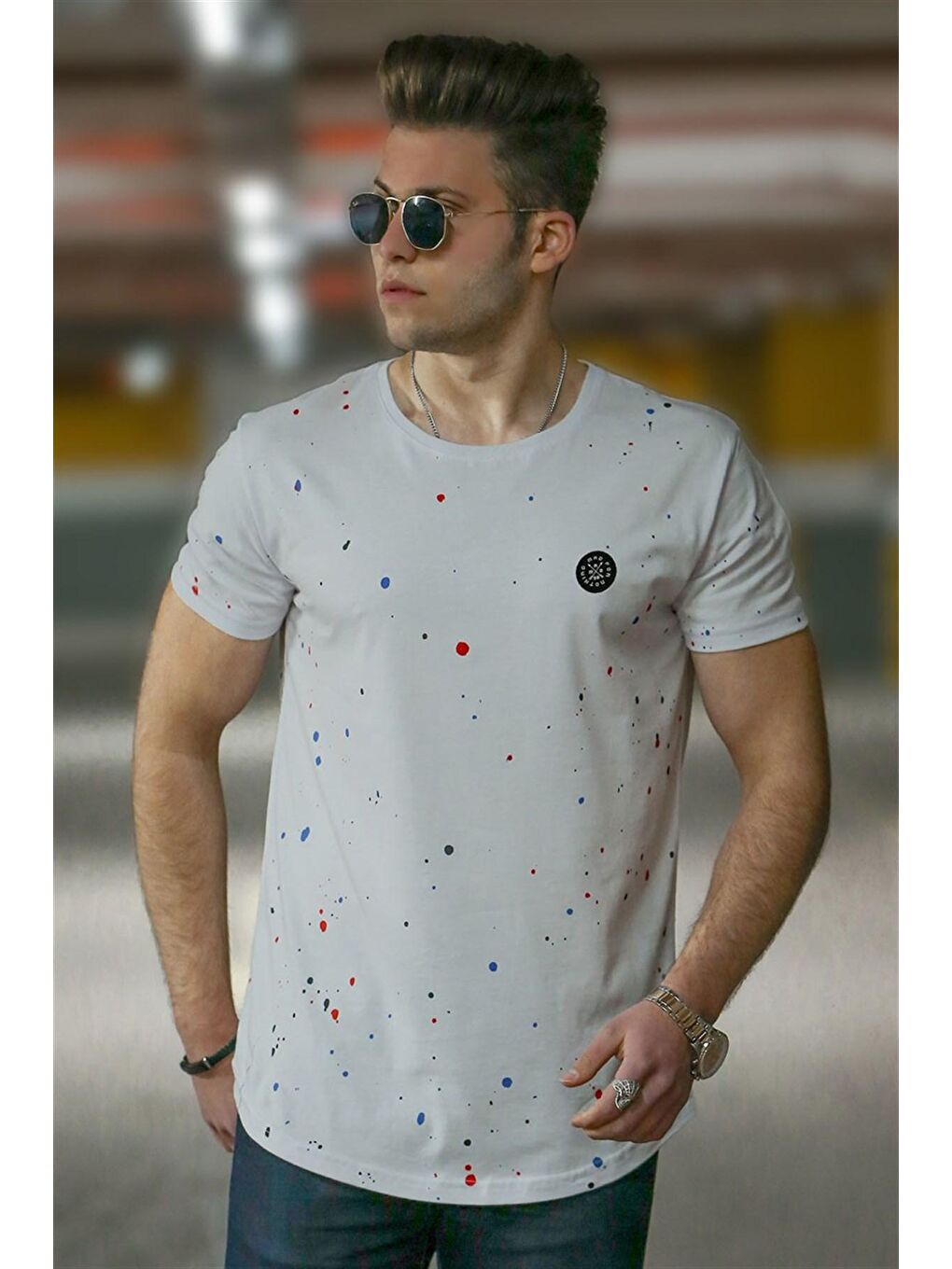 Püskürtme Desen Beyaz Erkek Tişört 4505