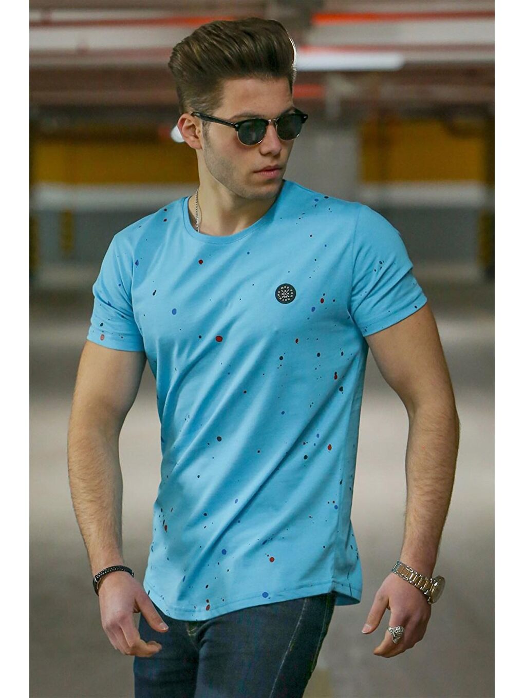 Püskürtme Desen Mavi Erkek Tişört 4505