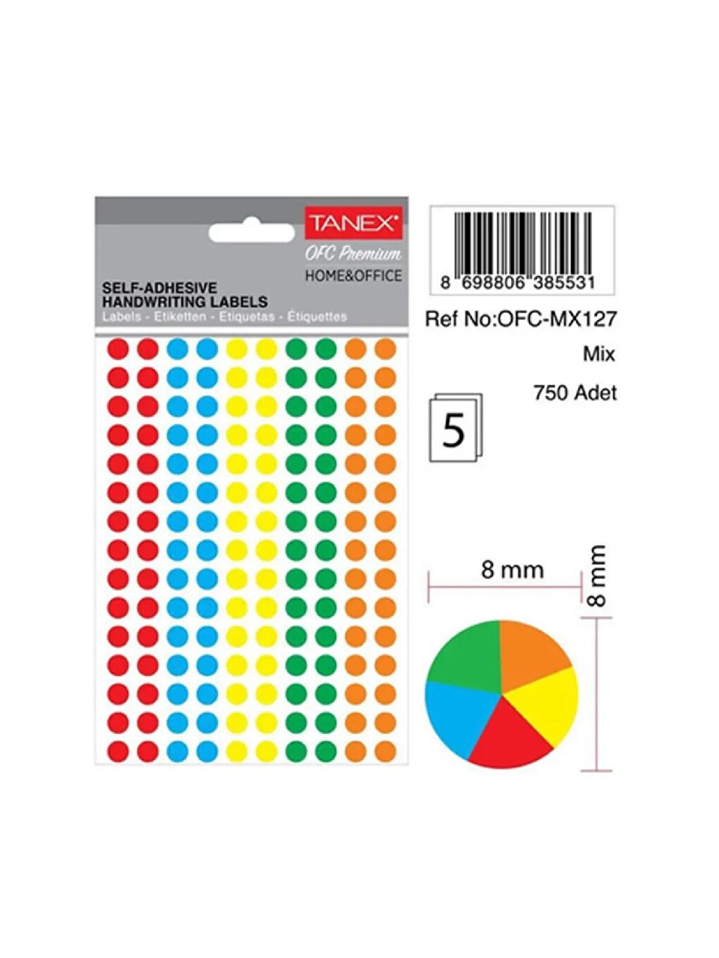 Tanex Beyaz Ofc-127  Mix Color Yuvarlak Ofis Etiketi 0.8 Mm 5 Syf-750 Adt