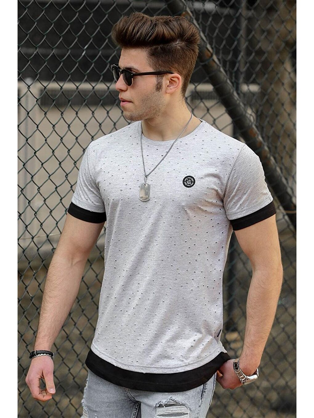 Gri Yırtık Detaylı Erkek Tişört 4489