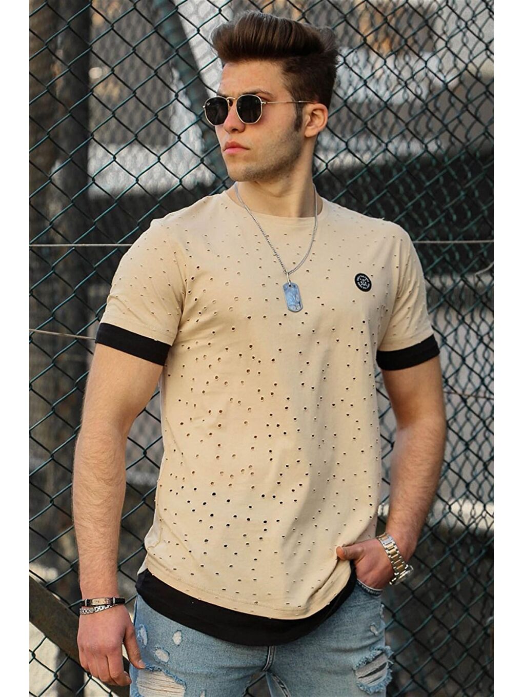 Madmext Bej Camel Yırtık Detaylı Erkek Tişört 4489