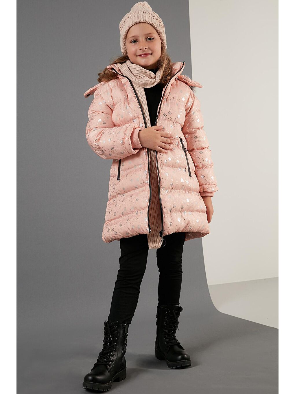 Pembe Yakası Suni Kürklü Çıkarılabilir Kapüşonlu Peluş Astarlı Kışlık Uzun Mont 5760051-1