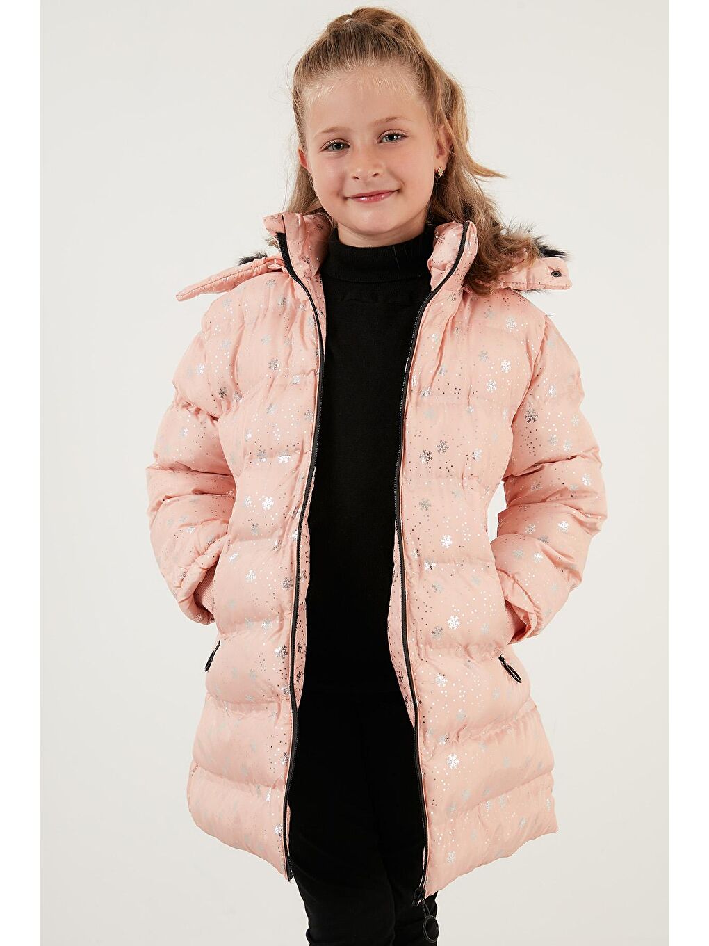 Pembe Yakası Suni Kürklü Çıkarılabilir Kapüşonlu Peluş Astarlı Kışlık Uzun Mont 5760051-2