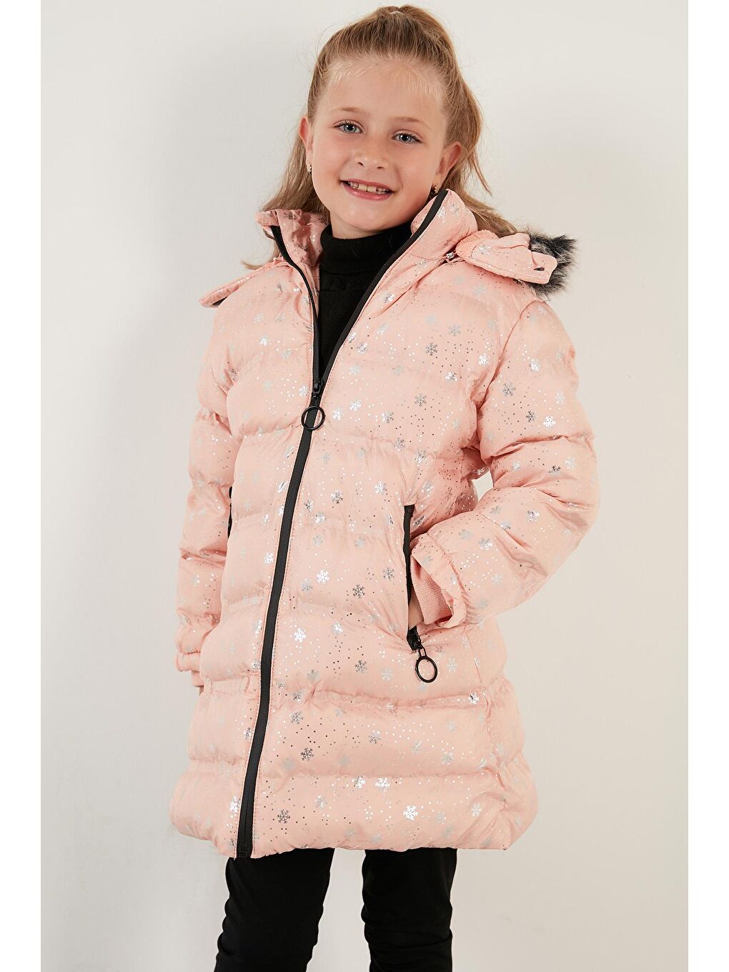 Pembe Yakası Suni Kürklü Çıkarılabilir Kapüşonlu Peluş Astarlı Kışlık Uzun Mont 5760051-3