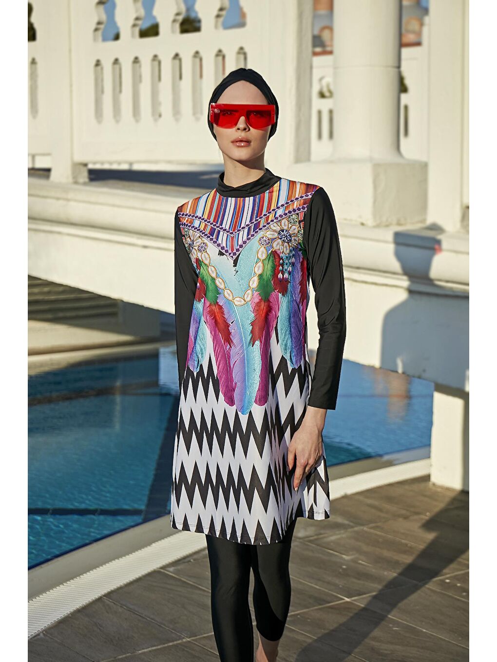 Siyah Tasarım Tam Kapalı Tesettür Mayo Zikzak İnci-5