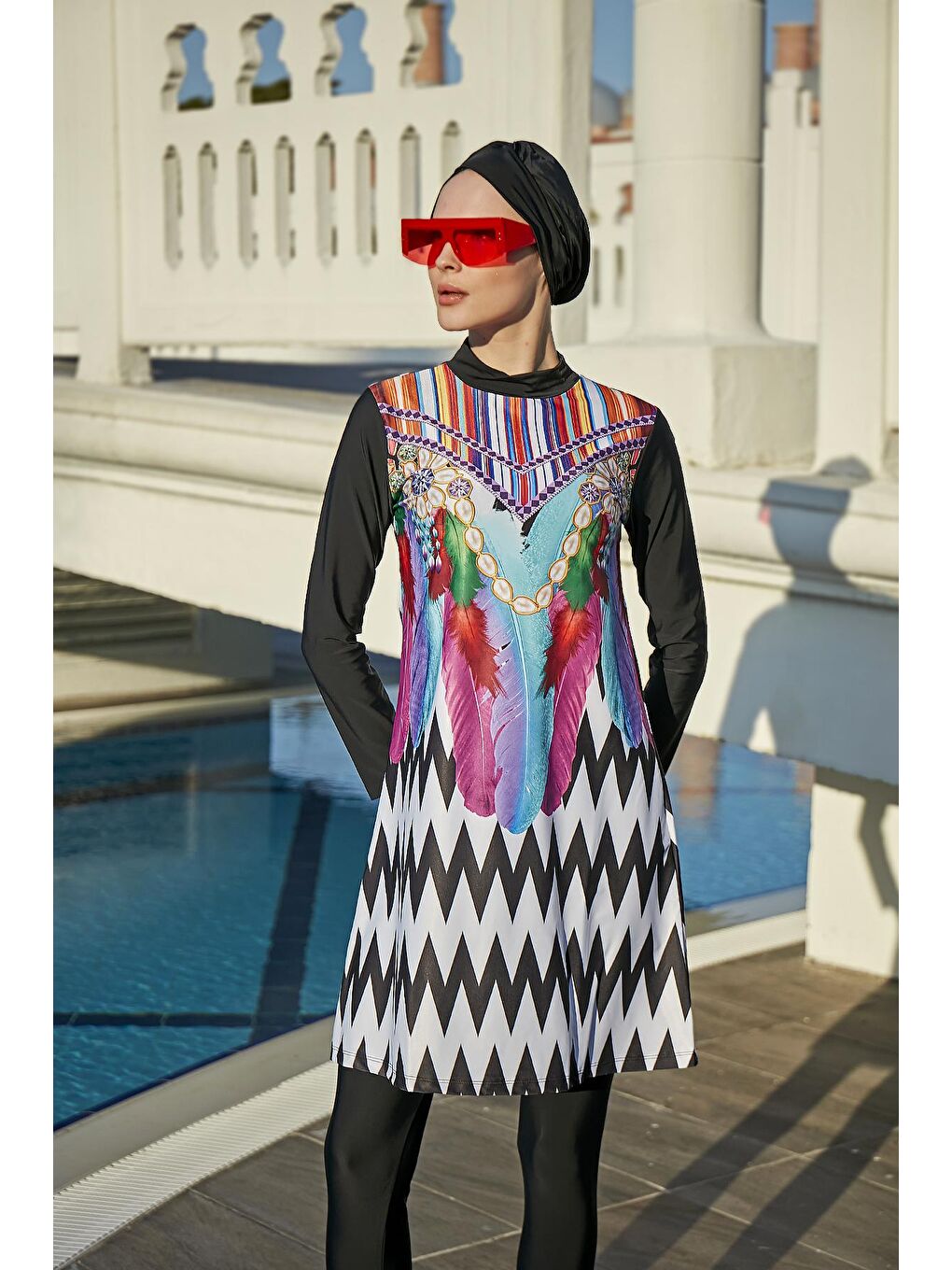 Siyah Tasarım Tam Kapalı Tesettür Mayo Zikzak İnci-6