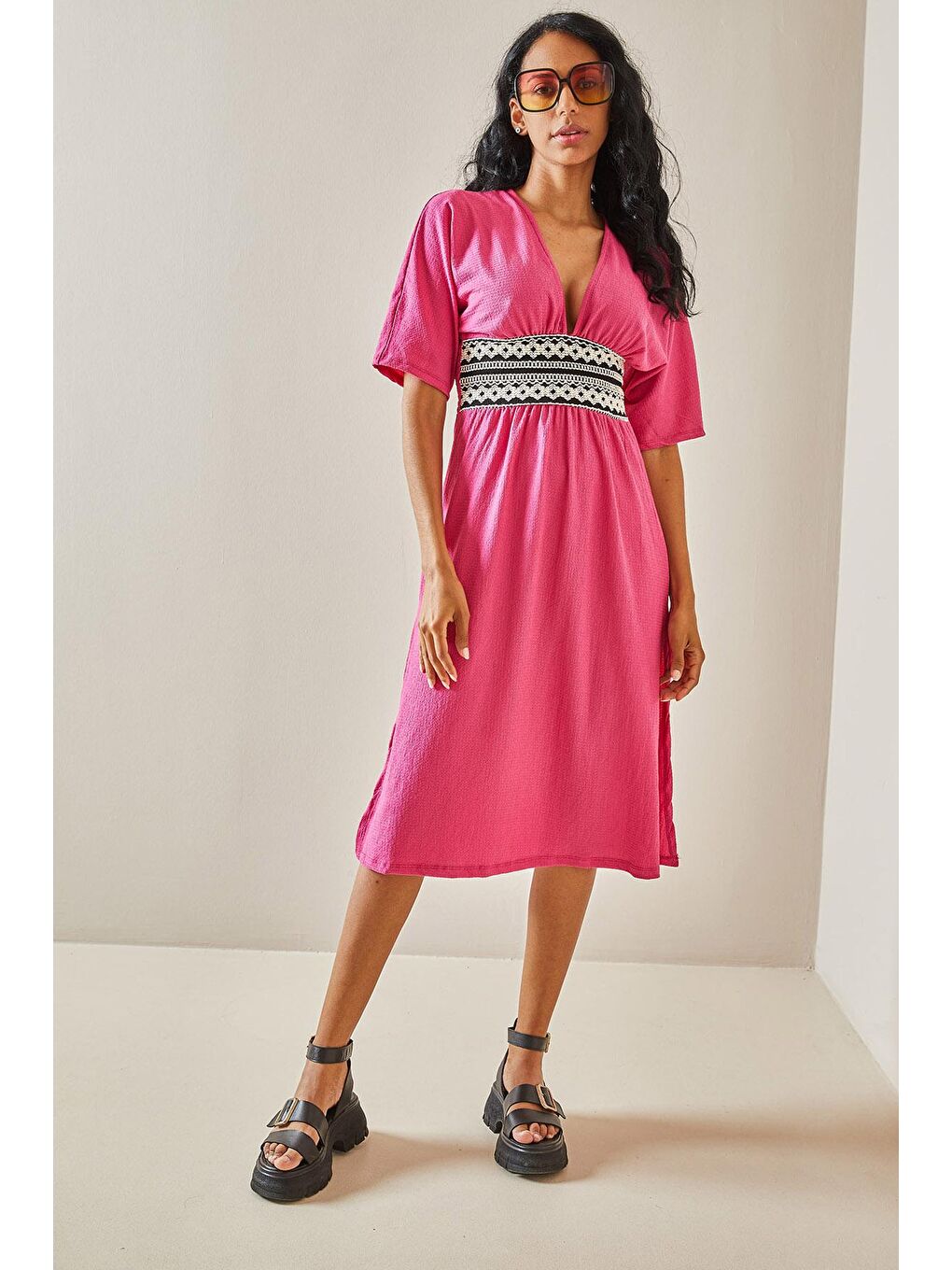 Fuşya Kemer Detaylı Dokulu Elbise 3YXK6-47403-07-1