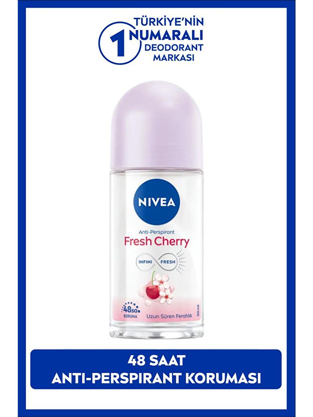 NIVEA Şeffaf Kadın Roll On Deodorant Fresh Cherry 50 ml, 48 Saat Anti-Perspirant Koruması