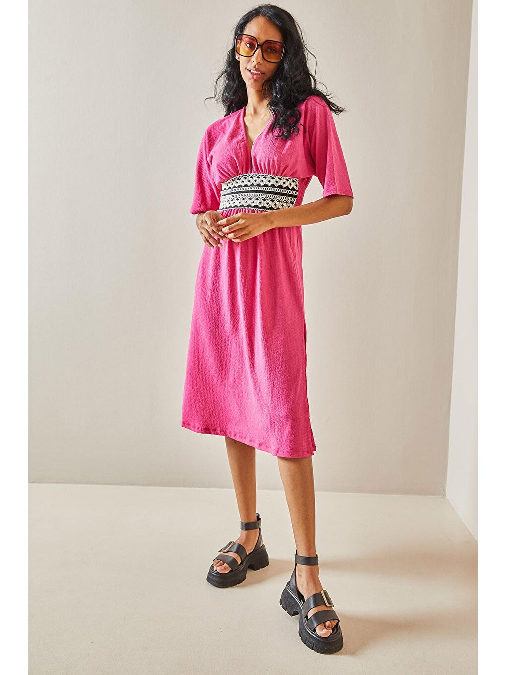 Fuşya Kemer Detaylı Dokulu Elbise 3YXK6-47403-07-2