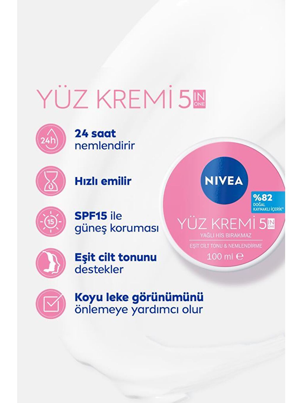 NIVEA Yüz Kremi 100 ml, Eşit Cilt Tonu, 24 Saat Ne mlendirici Yüz Kremi, Spf15 - 1