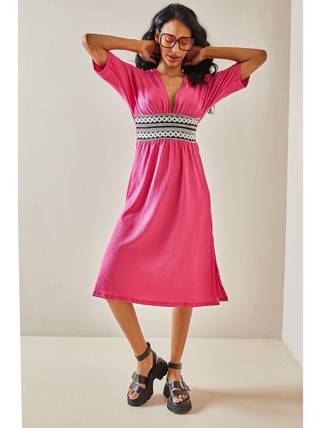 Fuşya Kemer Detaylı Dokulu Elbise 3YXK6-47403-07-3