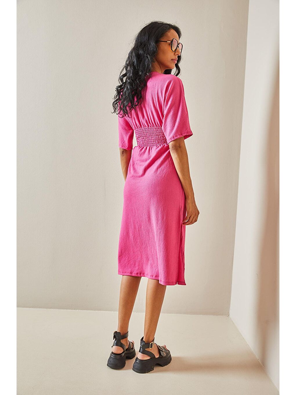 Fuşya Kemer Detaylı Dokulu Elbise 3YXK6-47403-07-4