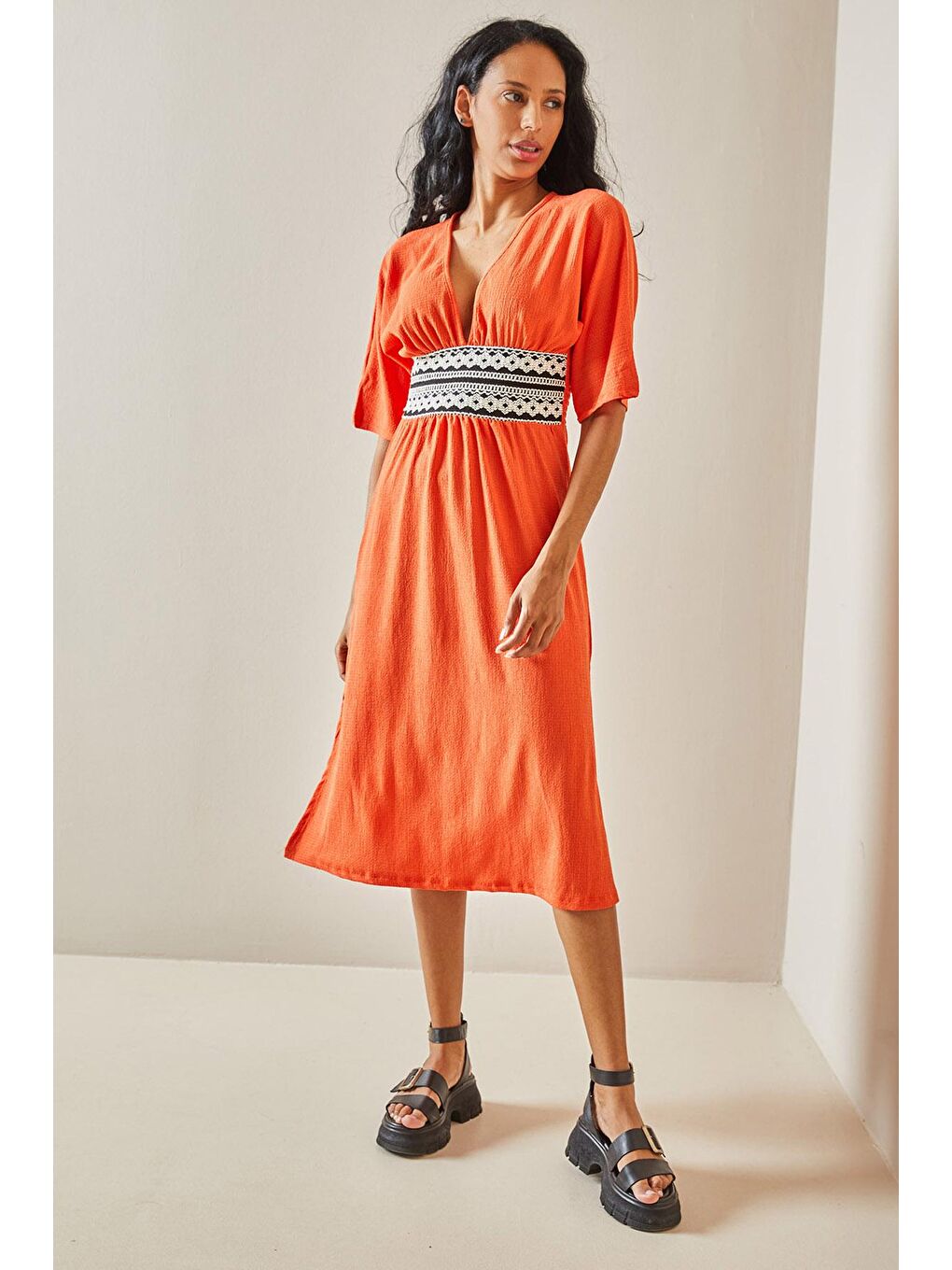 Turuncu Kemer Detaylı Dokulu Elbise 3YXK6-47403-11-1