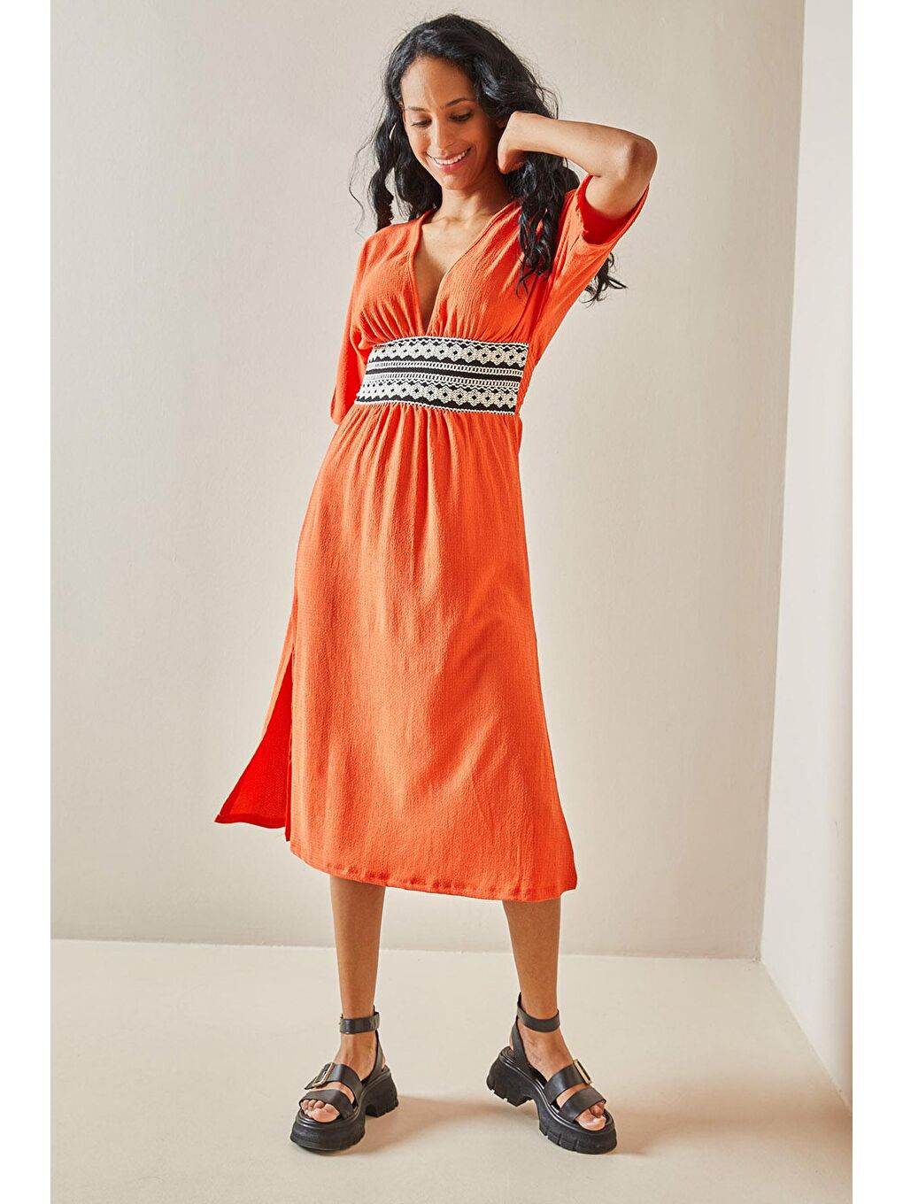 Turuncu Kemer Detaylı Dokulu Elbise 3YXK6-47403-11-2