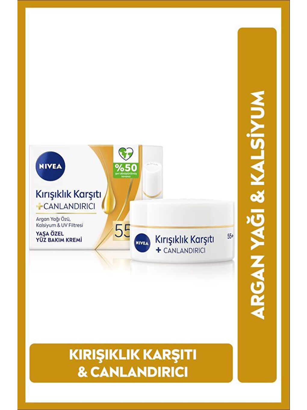 NIVEA Kırışıklık Karşıtı +Canlandırıcı Yüz Bakım Kremi Yaş 55 + 50 ml, Argan Yağı Ve Kalsiyum İçerir